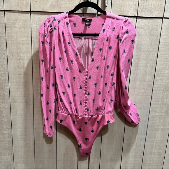 AFRM PINK WITH GREEN DITZY FLORAL PUFF SLEEVE LONG SLEEVE BODYSUIT SIZE SMALL - Picture 4 of 8